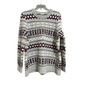 L.L.Bean Women's Fair Isle Crewneck Sweater 100% Lambswool Grey Burgundy Sz L/XL